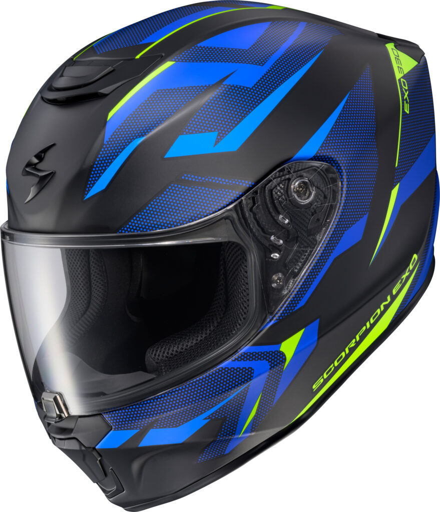 SCORPION EXO EXO-R330 SAGA Full-Face Helmet — Black/Blue/Hi-Vis Yellow