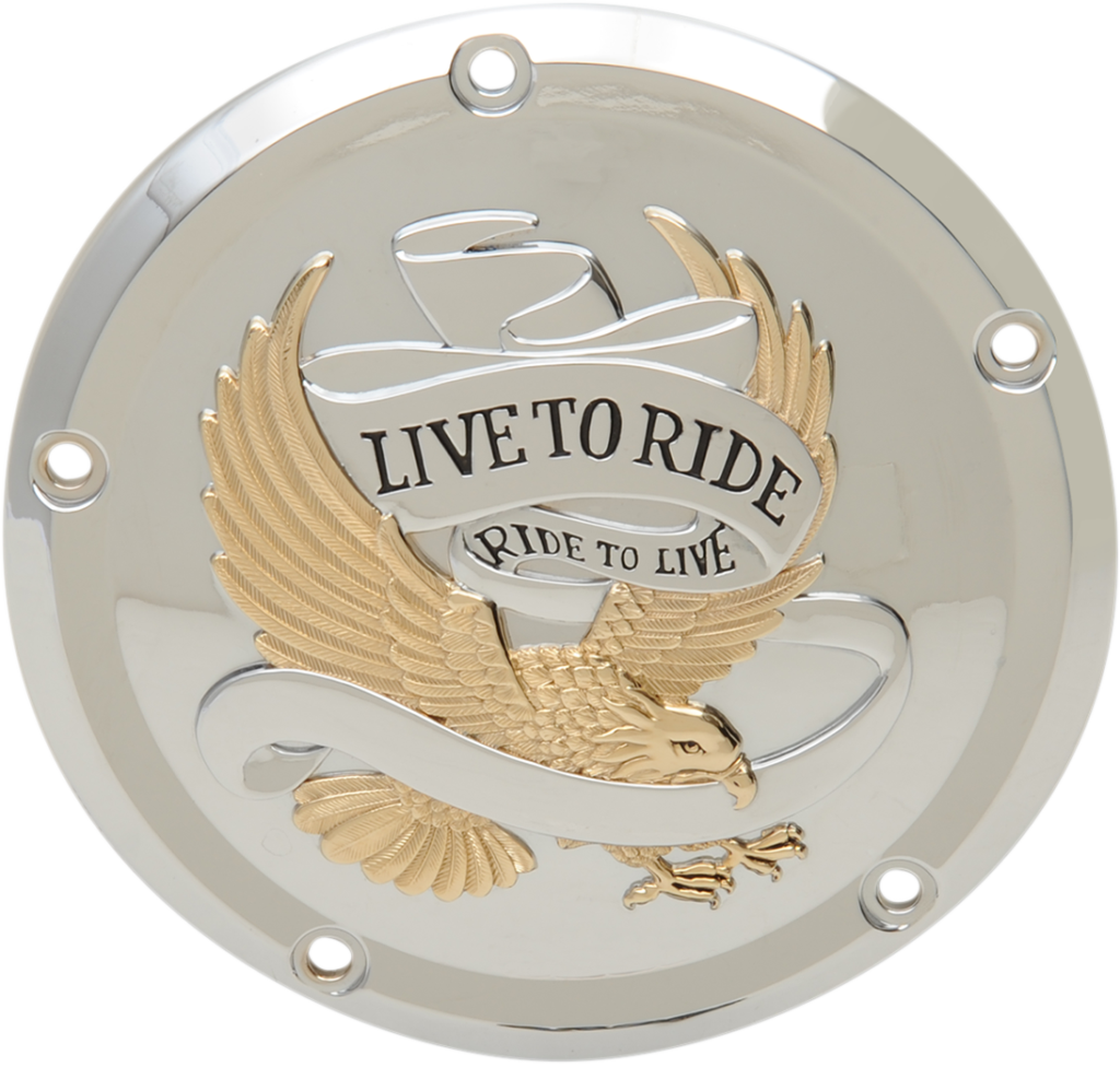 Drag Specialties Derby Cover - Live to Ride - 5-Hole - Chrome w/Gold Eagle - '15-'26 Harley-Davidson