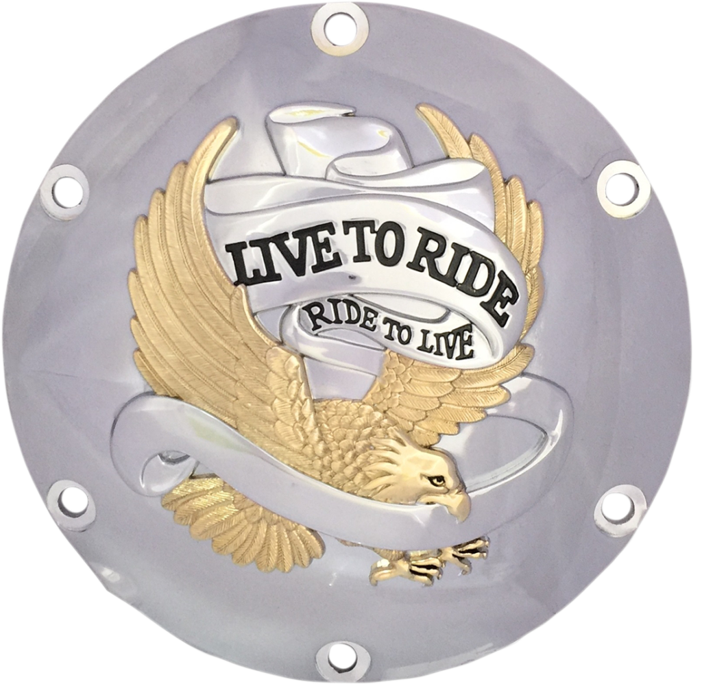 Drag Specialties Derby Cover - Live to Ride - 6-Hole - Chrome w/Gold Eagle - '04-'22 Sportster