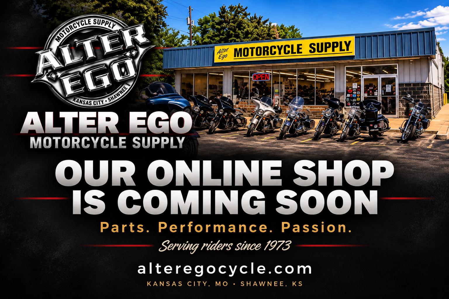Alter Ego Motorcycle Supply. Our online shop is coming soon. Parts. Performance. Passion. Serving riders since 1973. alteregocycle.com. Kansas City, MO and Shawnee, KS.
