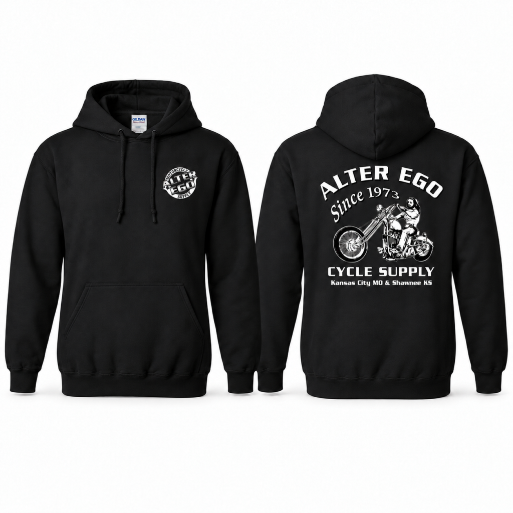 Alter Ego Black Gildan 18500 hoodie front and back