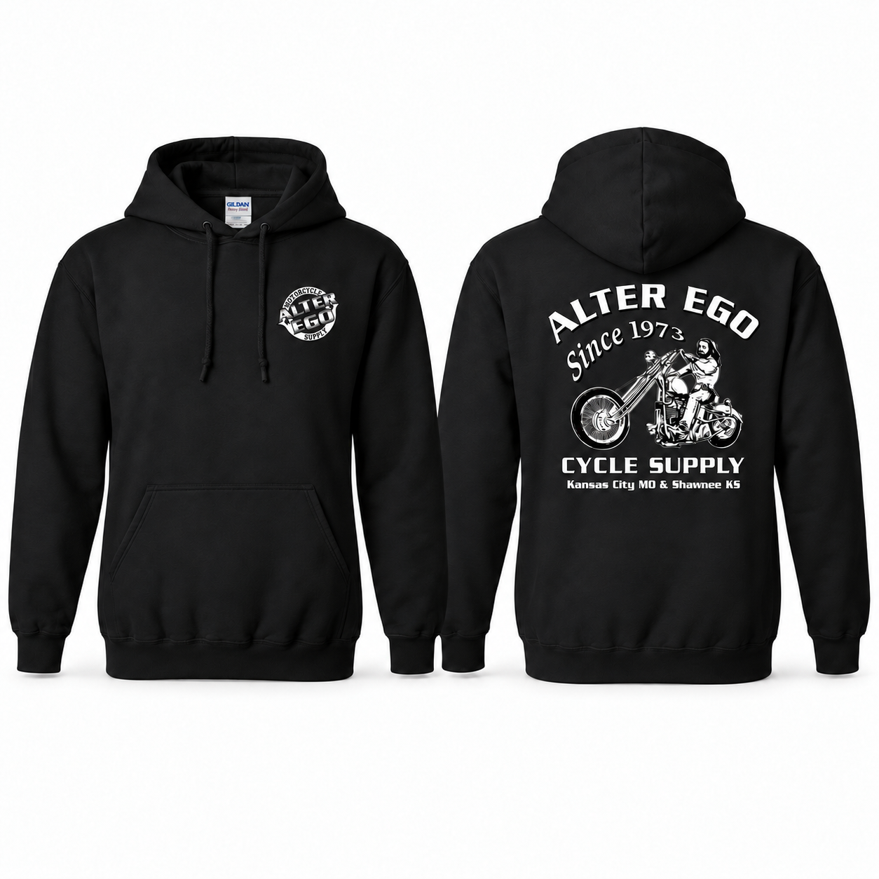 Alter Ego Black Gildan 18500 hoodie front and back