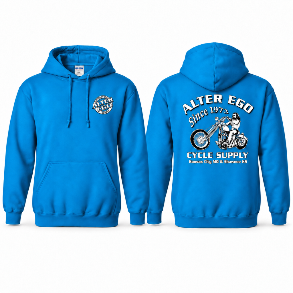 Alter Ego Blue (Sapphire) Gildan 18500 hoodie front and back