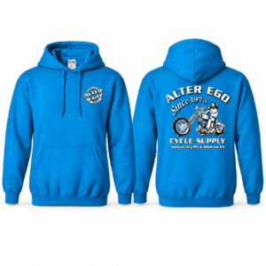 Alter Ego Blue (Sapphire) Gildan 18500 hoodie front and back
