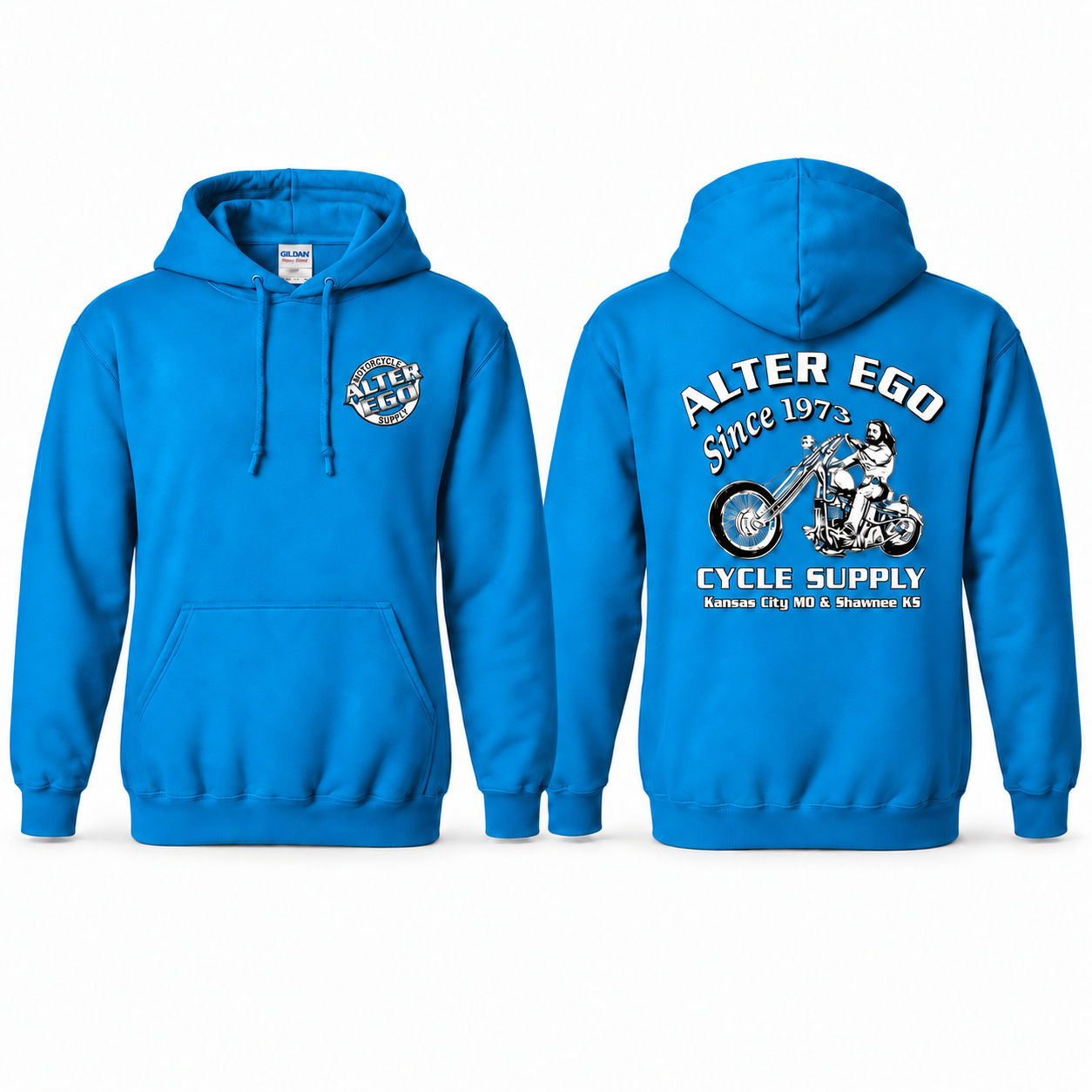 Alter Ego Blue (Sapphire) Gildan 18500 hoodie front and back
