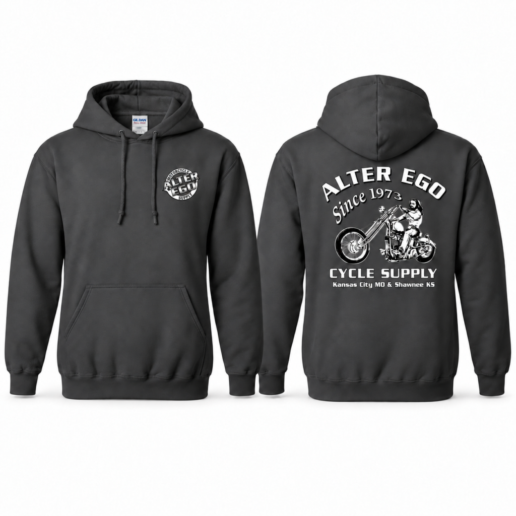 Alter Ego Charcoal Gildan 18500 hoodie front and back