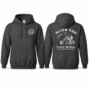 Alter Ego Charcoal Gildan 18500 hoodie front and back