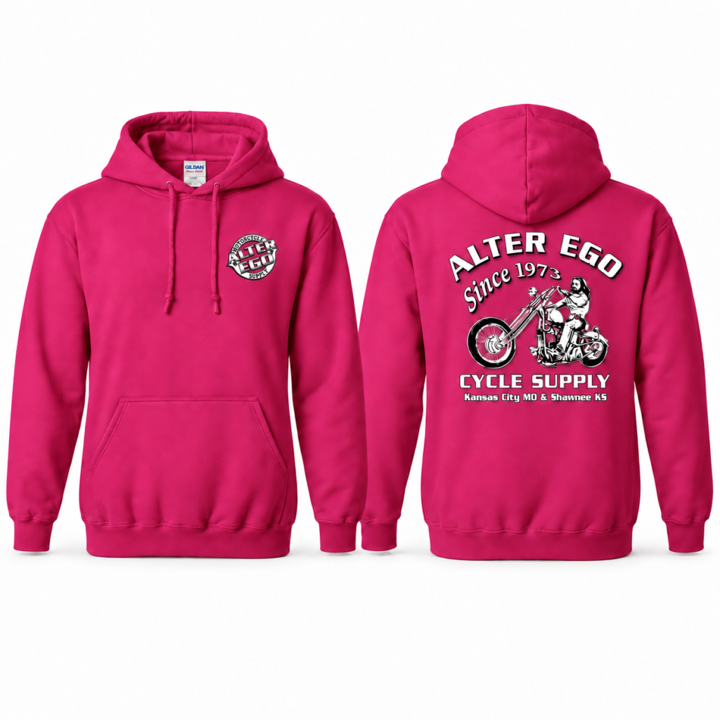 Alter Ego Pink (Heliconia) Gildan 18500 hoodie front and back