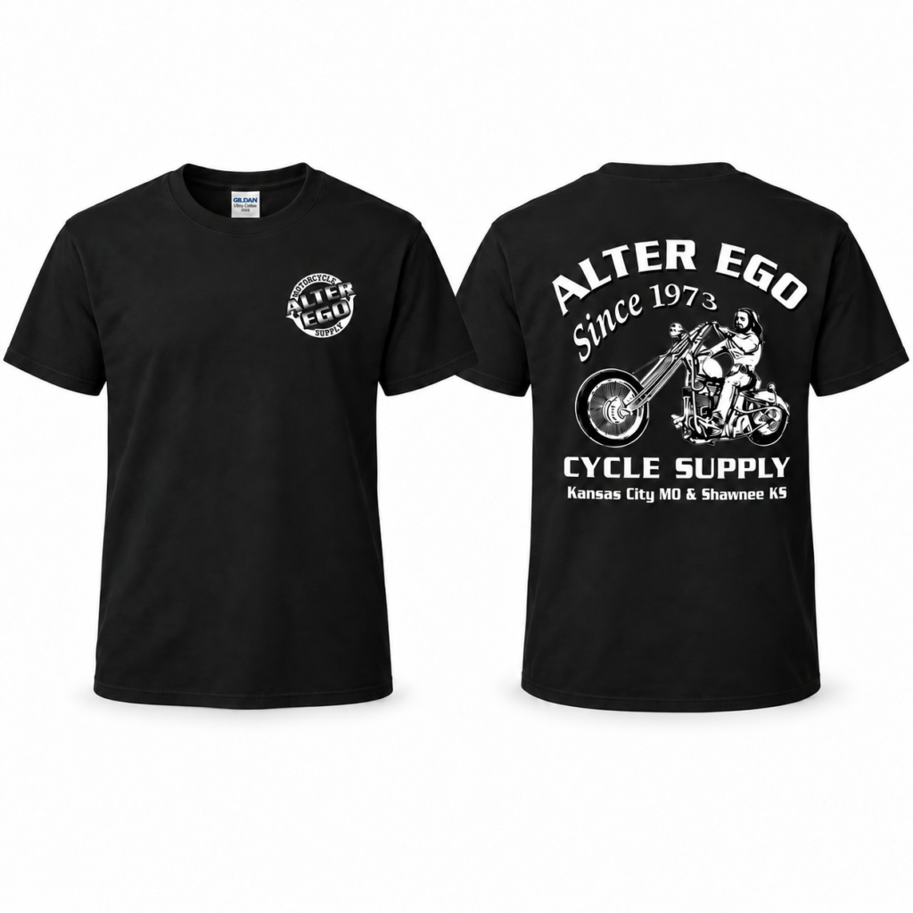 Alter Ego Motorcycle Supply Black T-shirt front and back