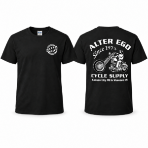 Alter Ego Motorcycle Supply Black T-shirt front and back