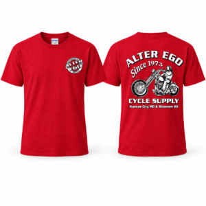 Alter Ego Motorcycle Supply Cherry Red T-shirt front and back