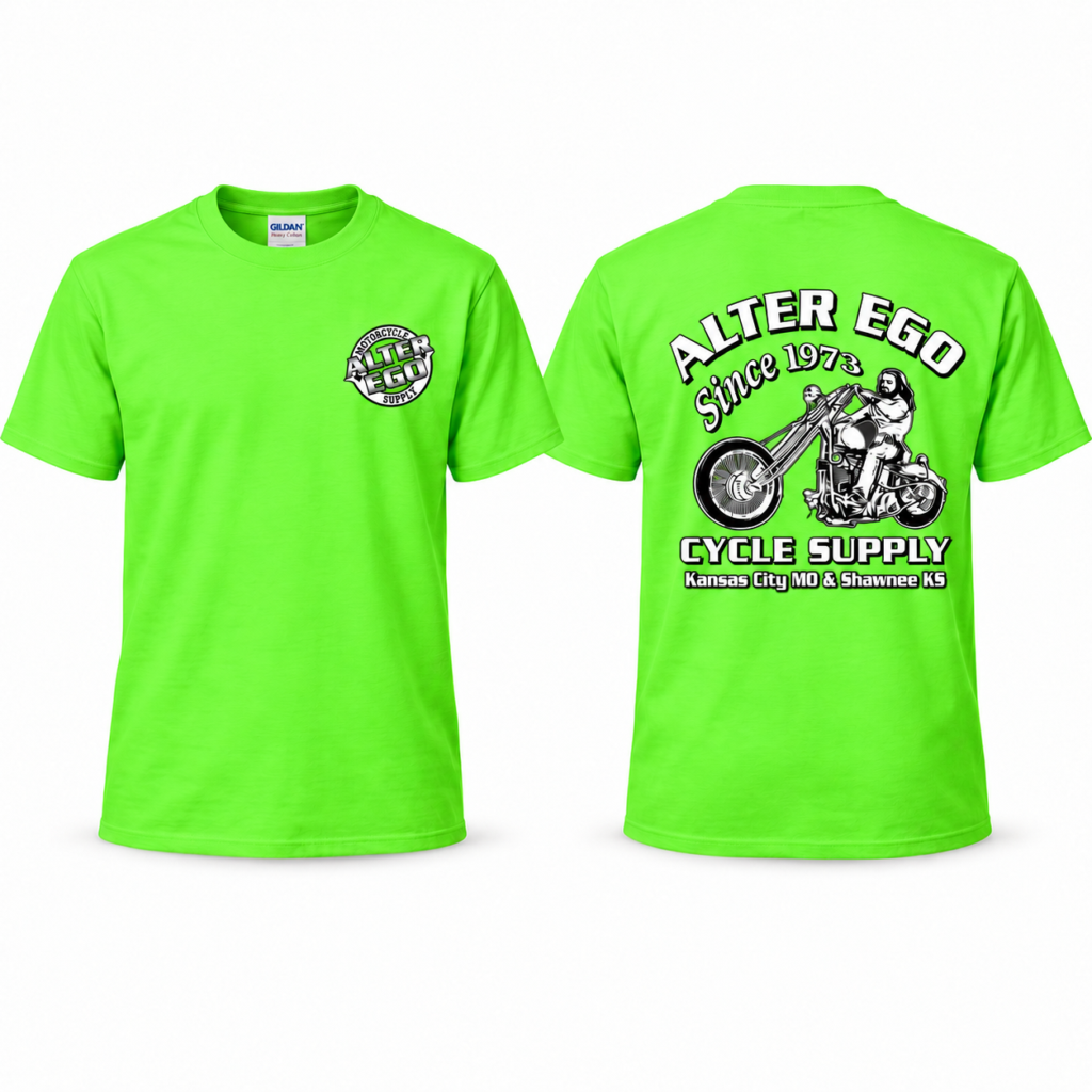 Alter Ego Motorcycle Supply Electric Green T-shirt front and back