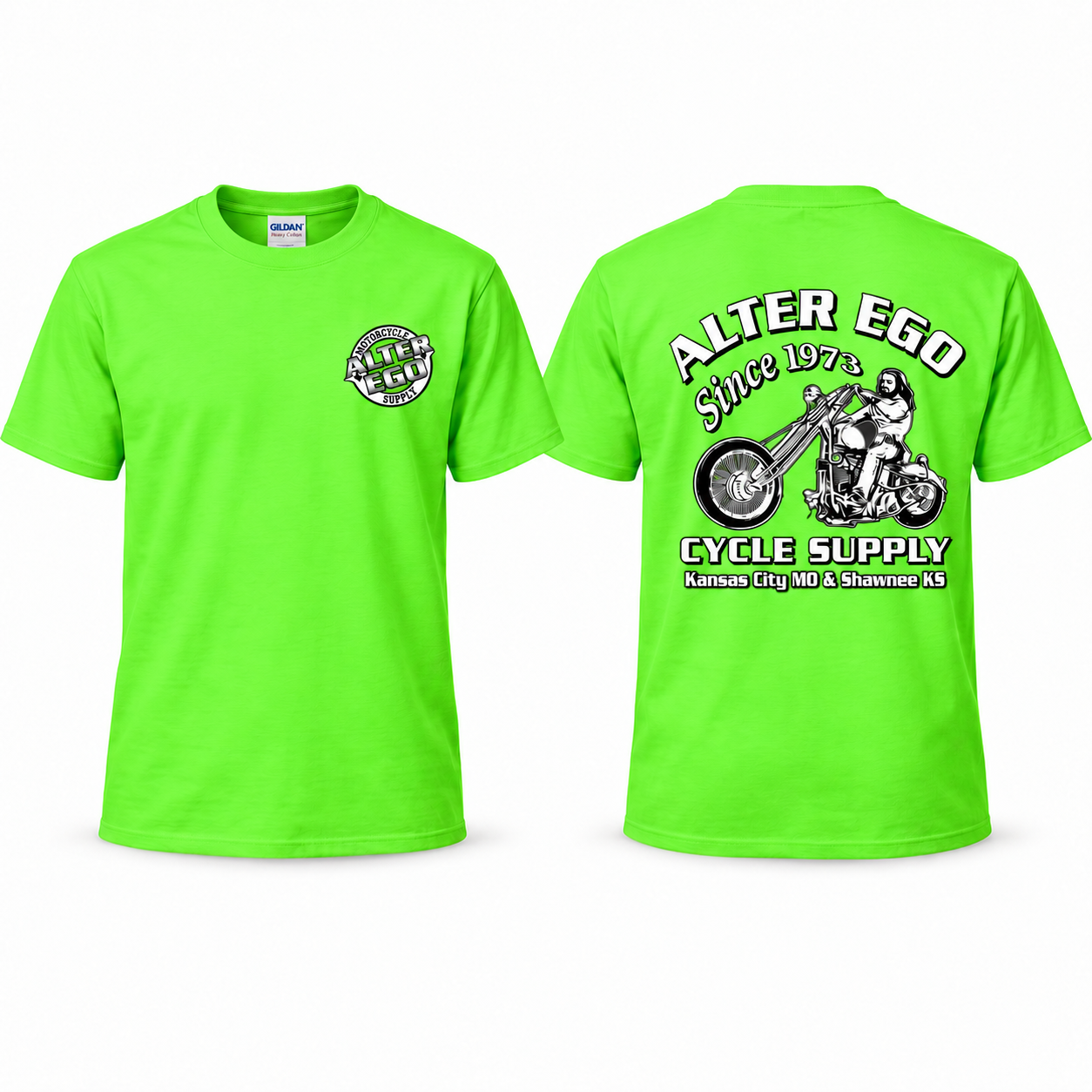 Alter Ego Motorcycle Supply Electric Green T-shirt front and back