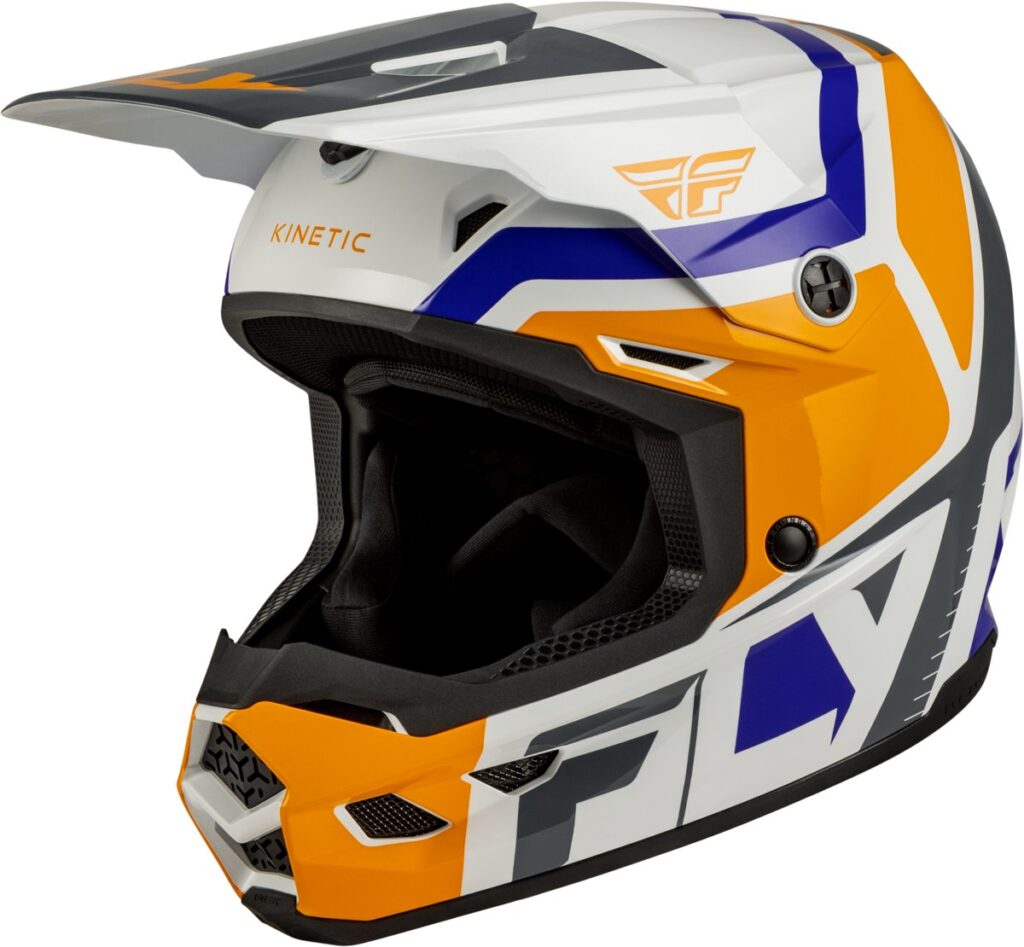 FLY RACING Youth Kinetic Scrap Helmets (2027) — White/Orange/Blue/Grey