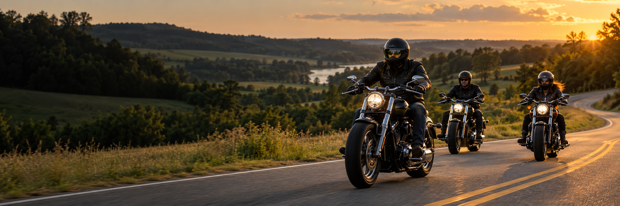 Three cruiser motorcycle riders on a winding countryside road at sunset