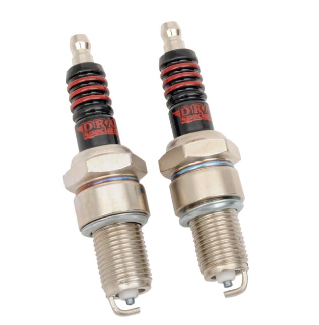 Pair of Drag Specialties copper spark plugs with black ceramic bodies and red branding
